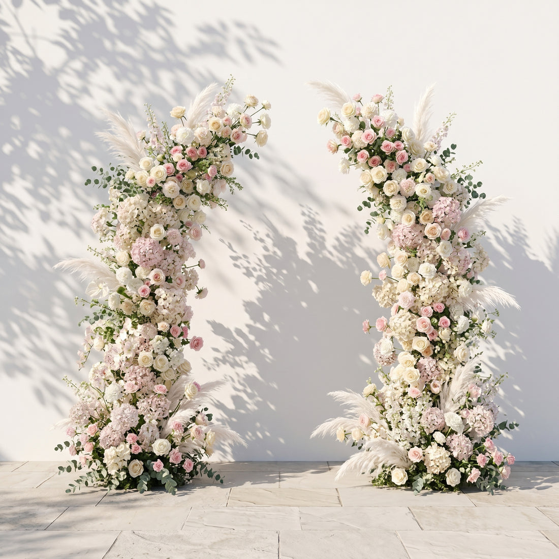 Morlora: Luxury Cream Ivory White, Soft Blush Pink Silk Floral Ground Horn Arch Arrangement with Soft Pampas Grass &amp; Lush Cascading Eucalyptus Greenery for Romantic Minimalist Weddings &amp; Garden Event Decor Including Frame