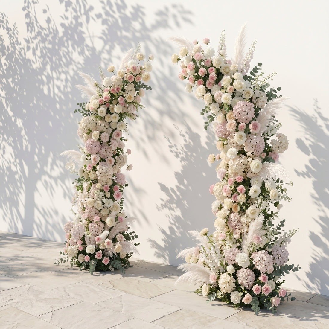 Morlora: Luxury Cream Ivory White, Soft Blush Pink Silk Floral Ground Horn Arch Arrangement with Soft Pampas Grass &amp; Lush Cascading Eucalyptus Greenery for Romantic Minimalist Weddings &amp; Garden Event Decor Including Frame