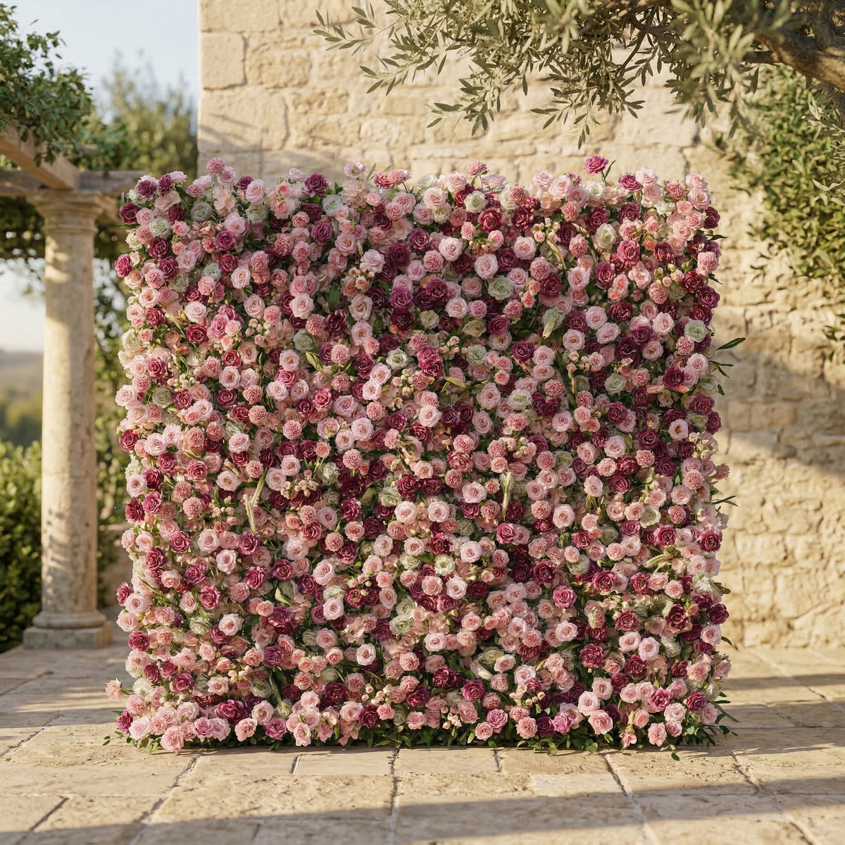 Nirex: 5D Berry & Pink Silk Rose Flower Wall Roll-Up Fabric Backdrop for Luxury Event Decor
