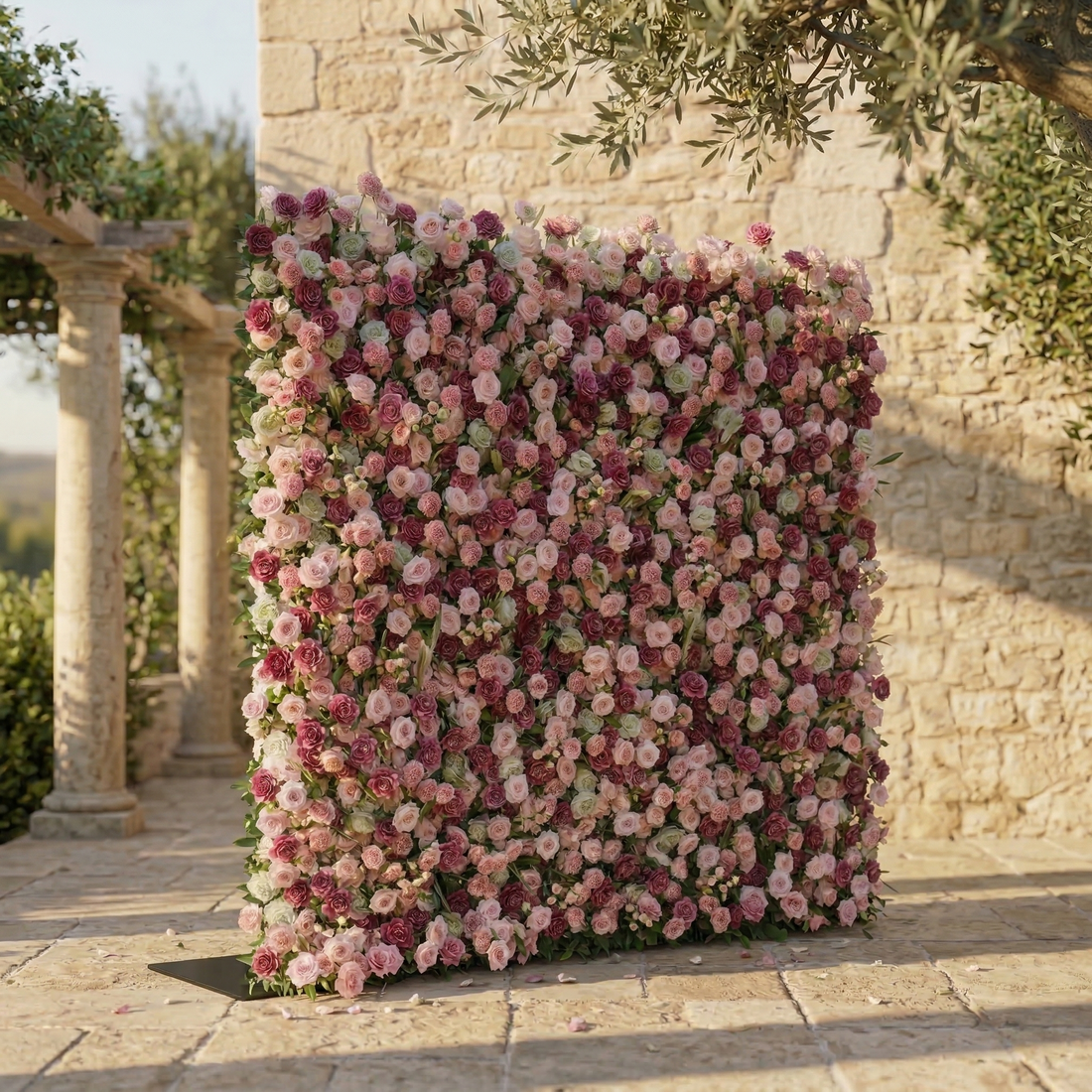Nirex: 5D Berry &amp; Pink Silk Rose Flower Wall Roll-Up Fabric Backdrop for Luxury Event Decor