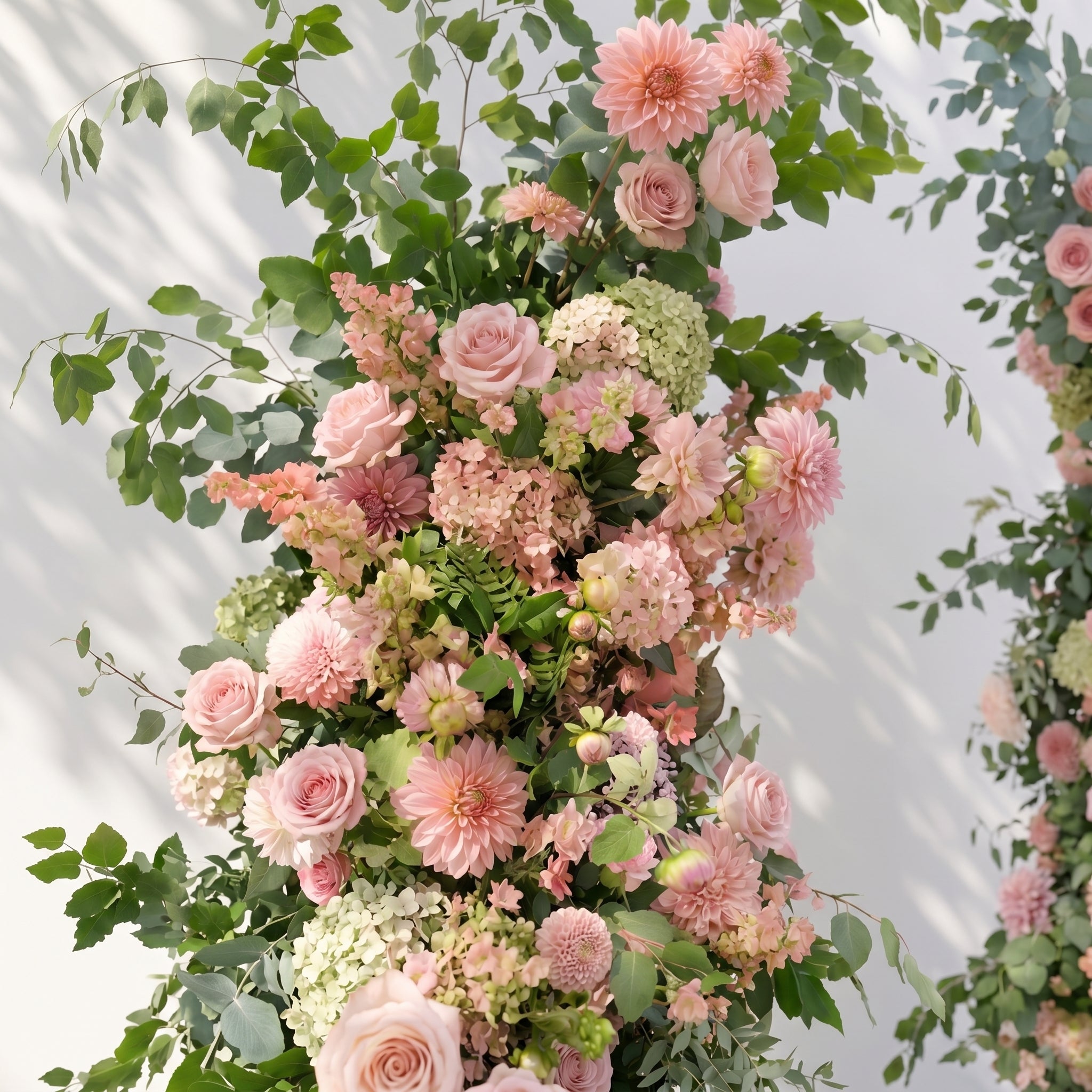 Norenavia: Luxury Blush Pink &amp; Soft Peach Floral Horn Arch Arrangement with Cascading Lush Greenery for Romantic Outdoor Garden Wedding &amp; Ceremony Event Decor Including Frame