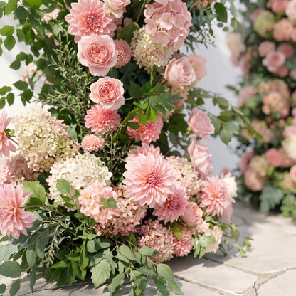 Norenavia: Luxury Blush Pink &amp; Soft Peach Floral Horn Arch Arrangement with Cascading Lush Greenery for Romantic Outdoor Garden Wedding &amp; Ceremony Event Decor Including Frame
