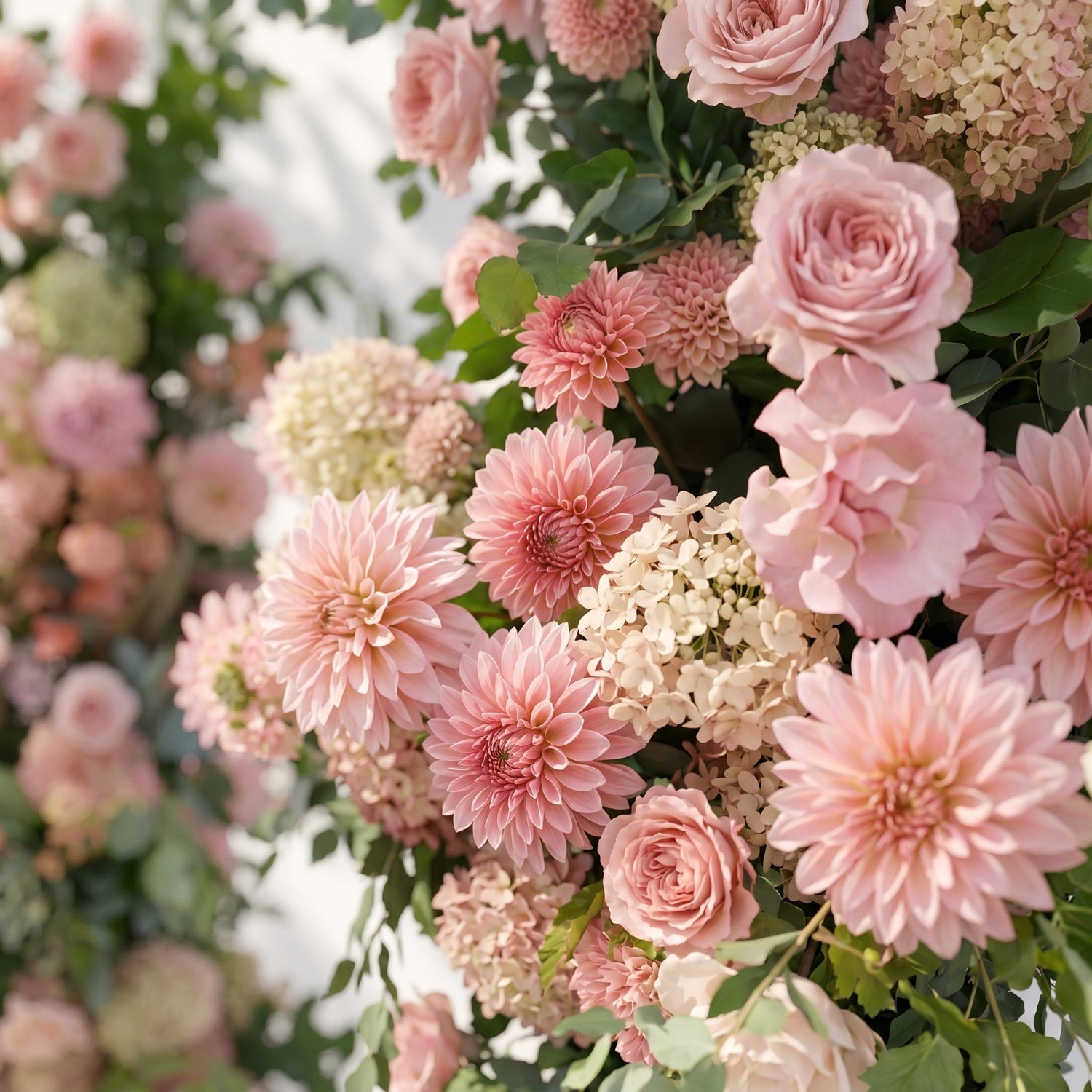 Norenavia: Luxury Blush Pink &amp; Soft Peach Floral Horn Arch Arrangement with Cascading Lush Greenery for Romantic Outdoor Garden Wedding &amp; Ceremony Event Decor Including Frame