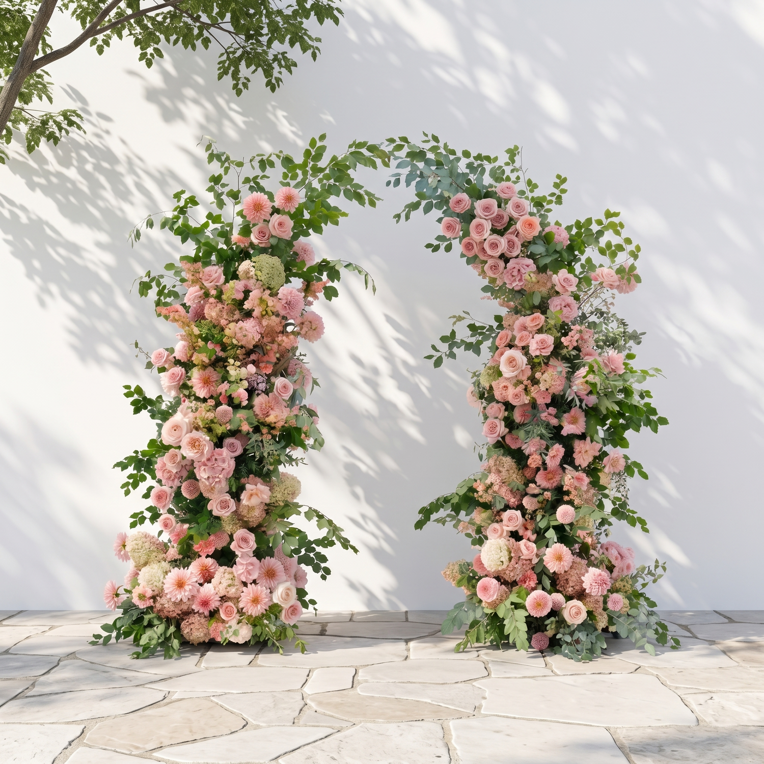 Norenavia: Luxury Blush Pink &amp; Soft Peach Floral Horn Arch Arrangement with Cascading Lush Greenery for Romantic Outdoor Garden Wedding &amp; Ceremony Event Decor Including Frame
