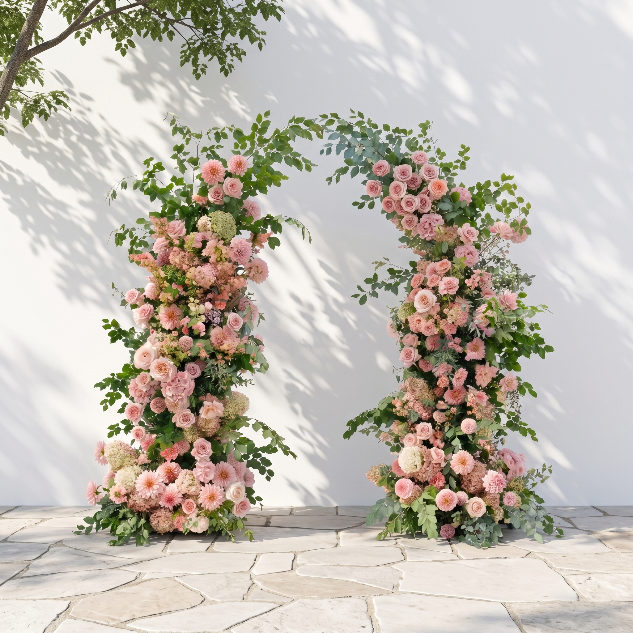 Norenavia: Luxury Blush Pink &amp; Soft Peach Floral Horn Arch Arrangement with Cascading Lush Greenery for Romantic Outdoor Garden Wedding &amp; Ceremony Event Decor Including Frame