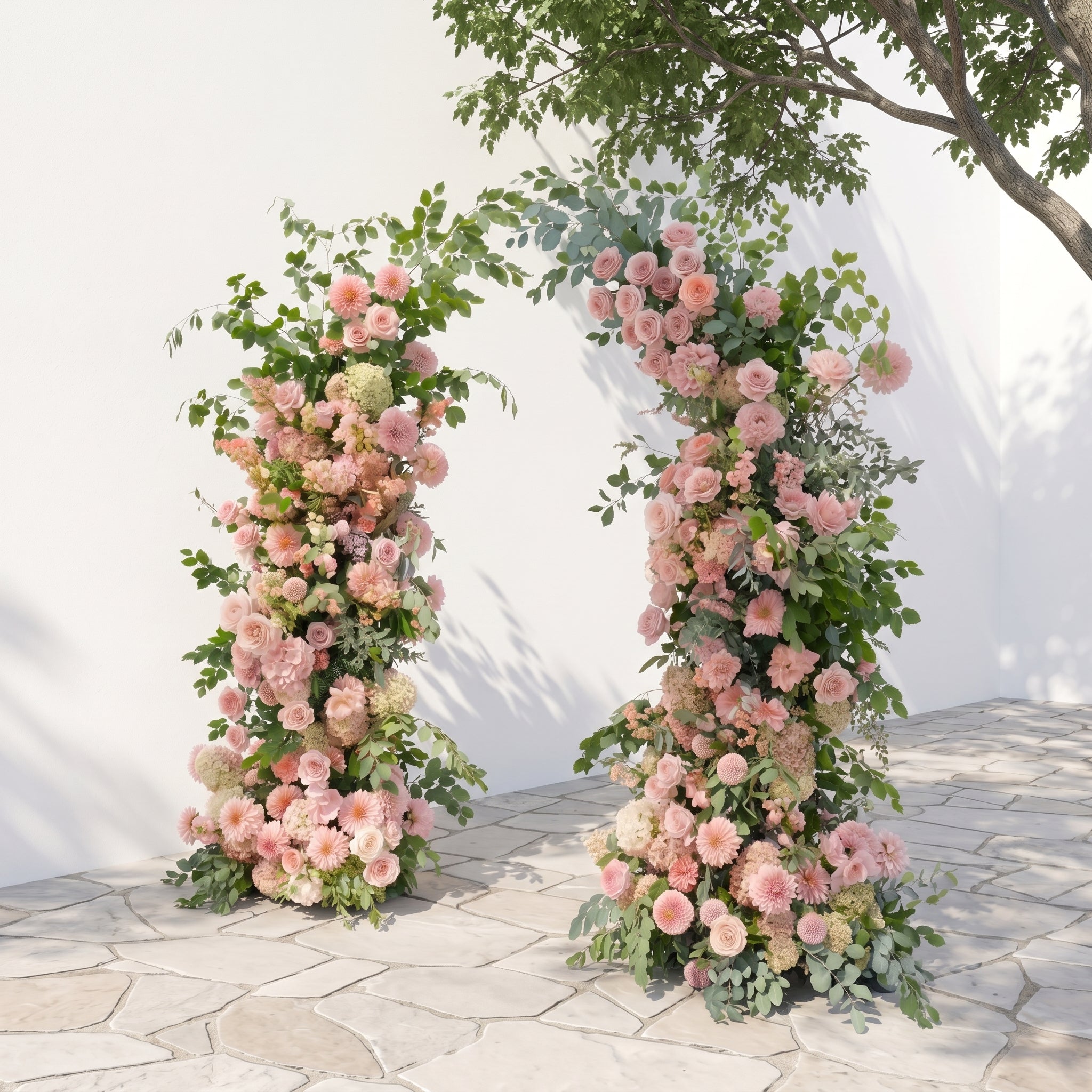 Norenavia: Luxury Blush Pink &amp; Soft Peach Floral Horn Arch Arrangement with Cascading Lush Greenery for Romantic Outdoor Garden Wedding &amp; Ceremony Event Decor Including Frame