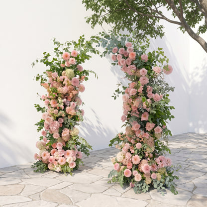 Norenavia: Luxury Blush Pink &amp; Soft Peach Floral Horn Arch Arrangement with Cascading Lush Greenery for Romantic Outdoor Garden Wedding &amp; Ceremony Event Decor Including Frame