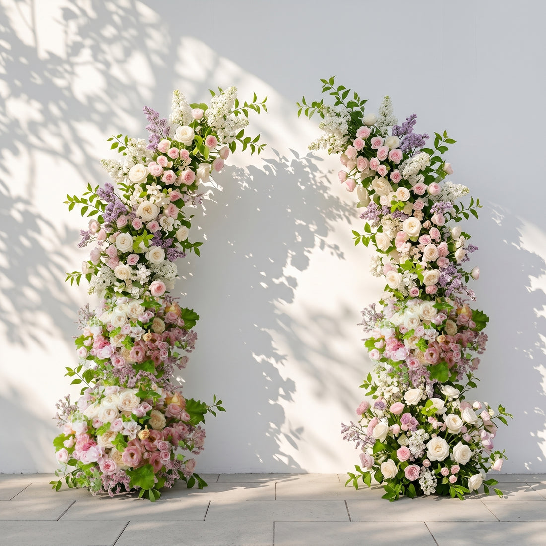 Norenviane: Luxury Lilac Purple, Ivory White &amp; Blush Pink Silk Floral Ground Horn Arch Arrangement with Soft Sorelia &amp; Lush Cascading Greenery for Romantic Minimalist Weddings &amp; Garden Event Decor Including Frame