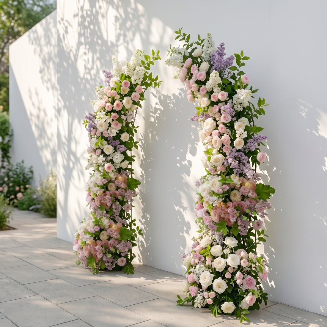 Norenviane: Luxury Lilac Purple, Ivory White &amp; Blush Pink Silk Floral Ground Horn Arch Arrangement with Soft Sorelia &amp; Lush Cascading Greenery for Romantic Minimalist Weddings &amp; Garden Event Decor Including Frame