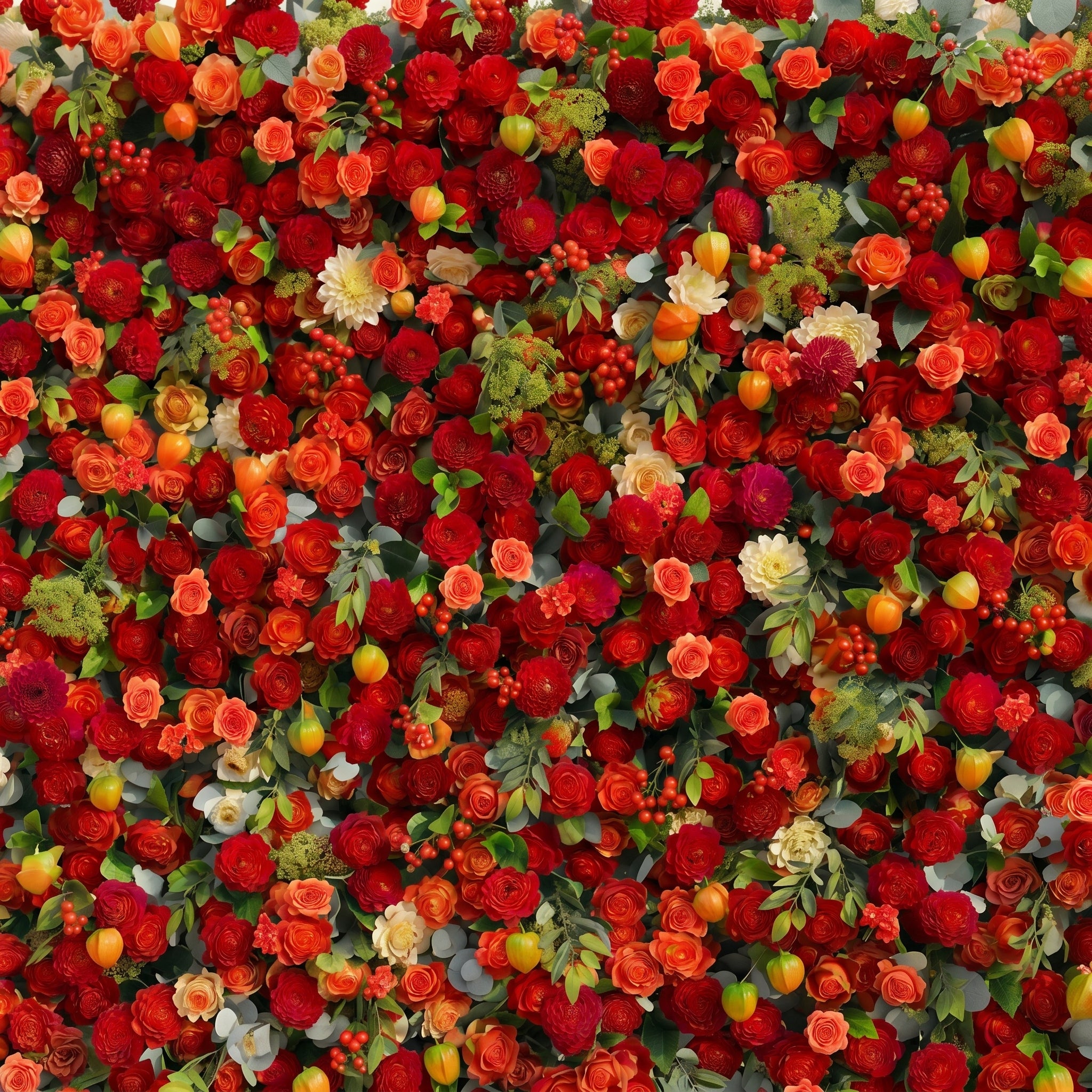 Novara: Luxury 5D Crimson Red &amp; Vibrant Orange Silk Floral Wall Backdrop with Berry Accents for Autumn Weddings