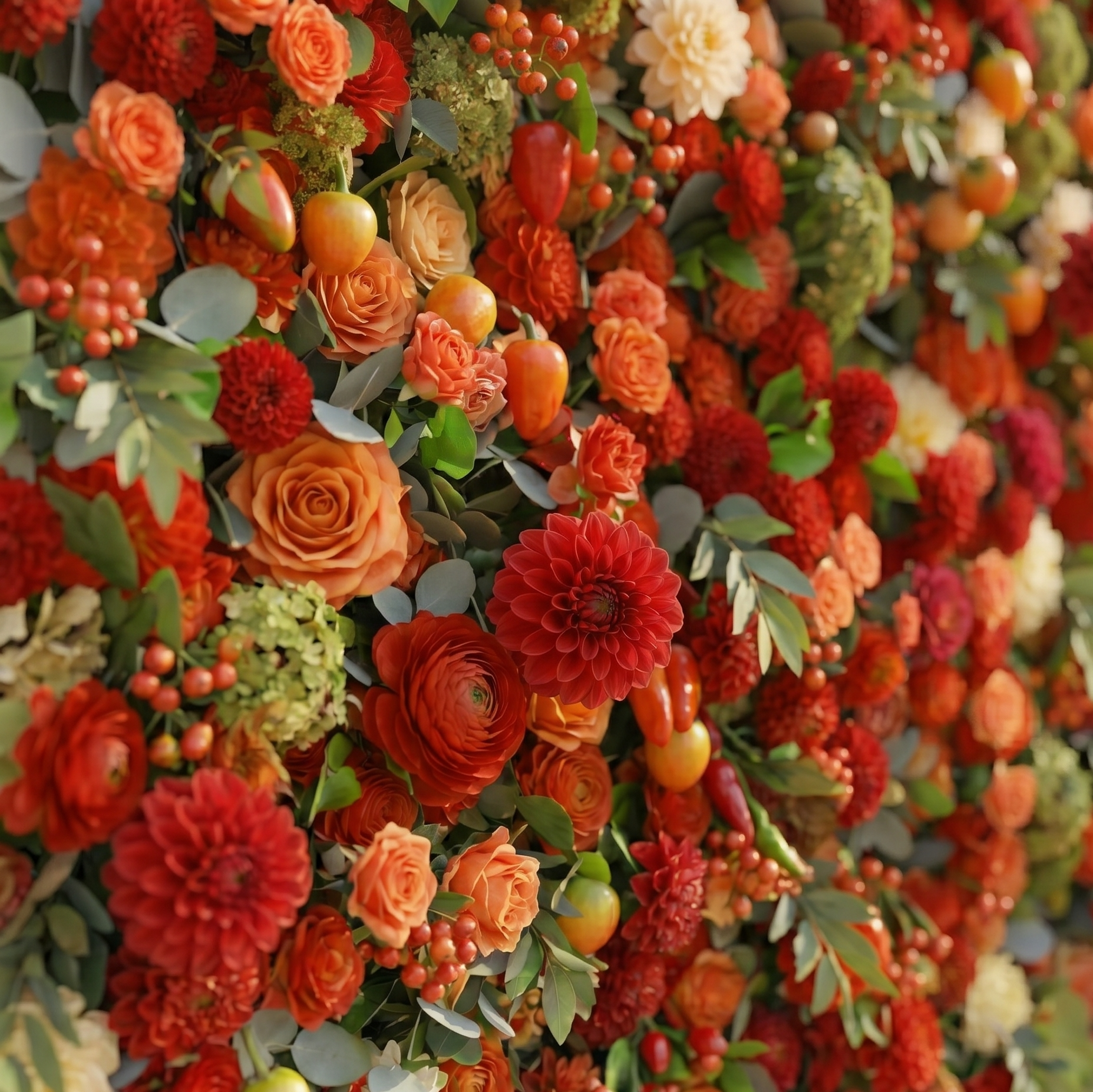 Novara: Luxury 5D Crimson Red &amp; Vibrant Orange Silk Floral Wall Backdrop with Berry Accents for Autumn Weddings