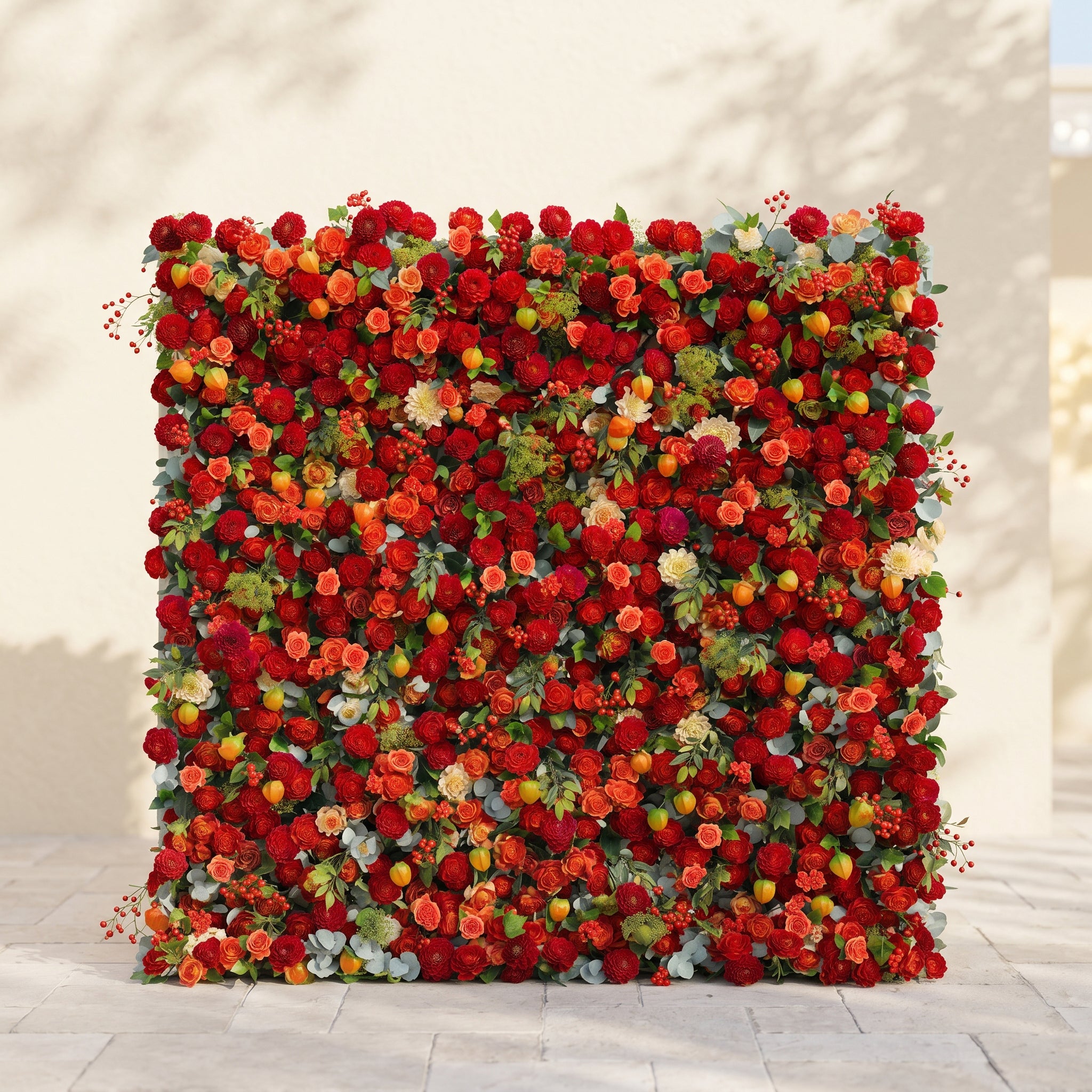 Novara: Luxury 5D Crimson Red &amp; Vibrant Orange Silk Floral Wall Backdrop with Berry Accents for Autumn Weddings