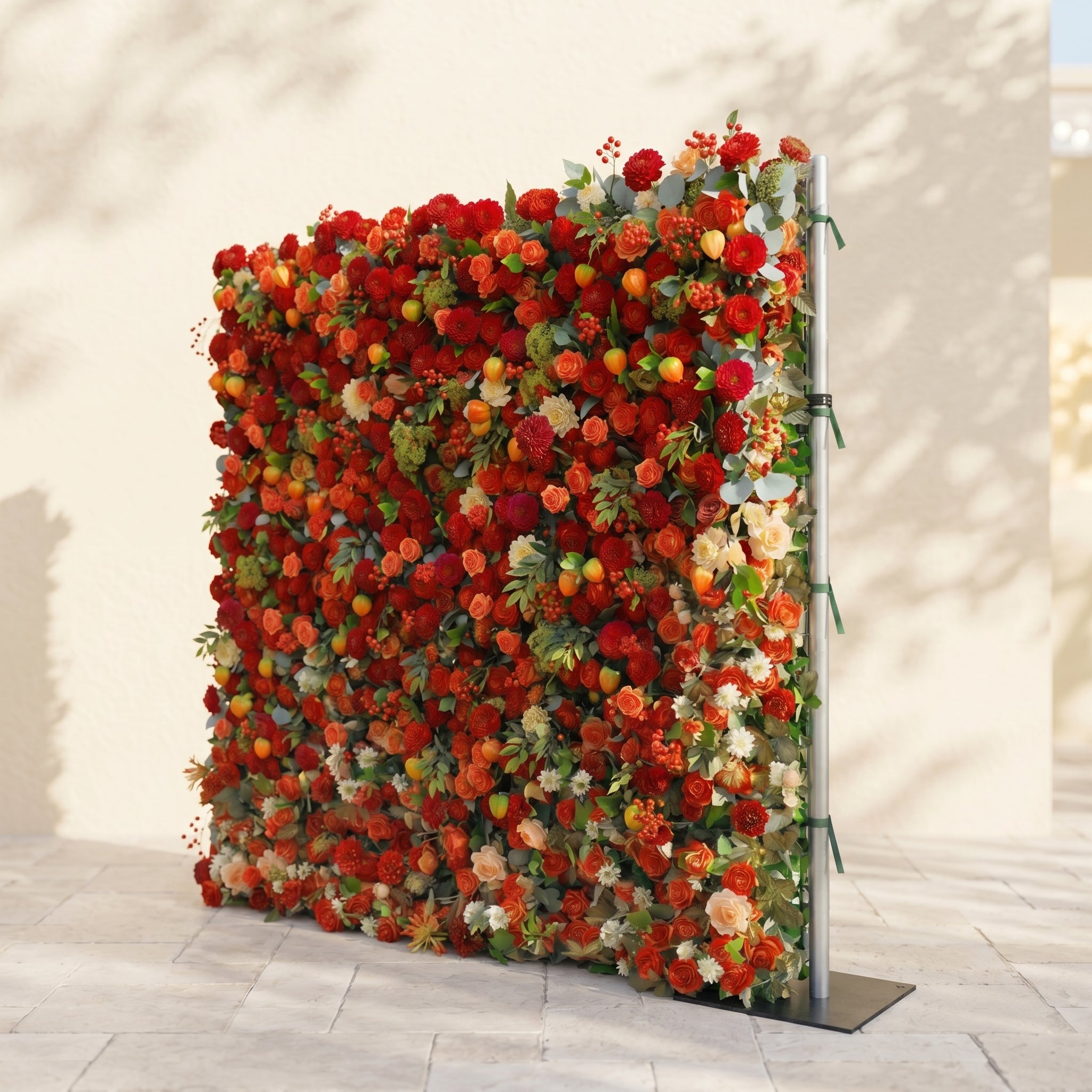 Novara: Luxury 5D Crimson Red &amp; Vibrant Orange Silk Floral Wall Backdrop with Berry Accents for Autumn Weddings