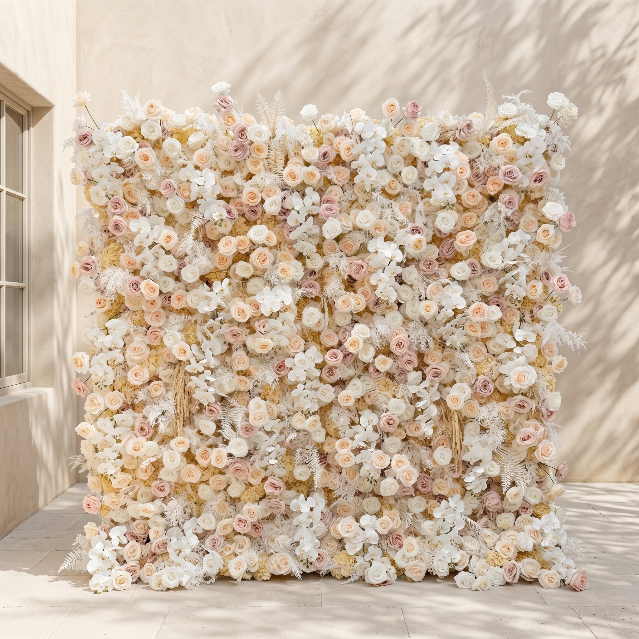 Novmora:5D Neutral Warm Cream Peach &amp; Blush Pink Silk Rose Flower Wall Roll-Up Fabric Backdrop for Romantic Weddings &amp; Proposals