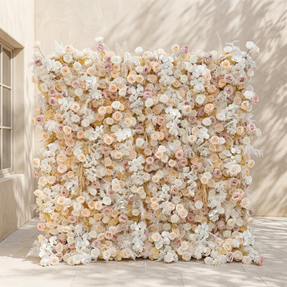 Novmora:5D Neutral Warm Cream Peach &amp; Blush Pink Silk Rose Flower Wall Roll-Up Fabric Backdrop for Romantic Weddings &amp; Proposals