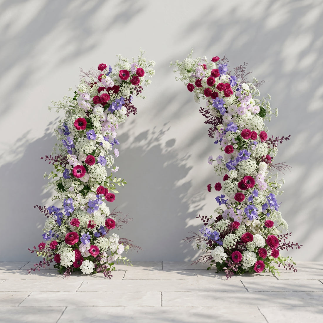 Novyra: Luxury Burgundy Red, Lavender Purple &amp; Ivory White Silk Floral Ground Horn Arch Arrangement with Soft Queen Anne&