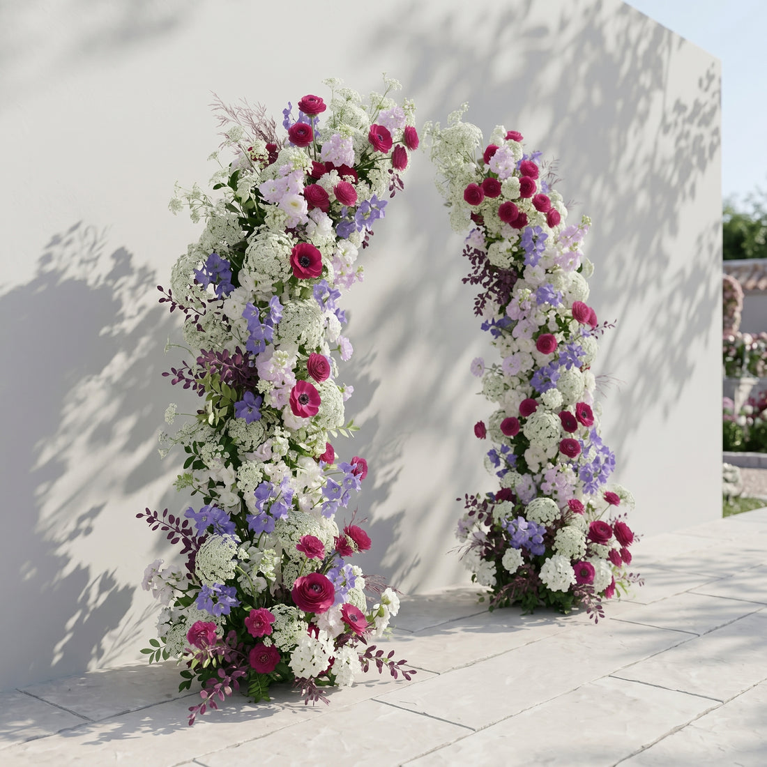 Novyra: Luxury Burgundy Red, Lavender Purple &amp; Ivory White Silk Floral Ground Horn Arch Arrangement with Soft Queen Anne&