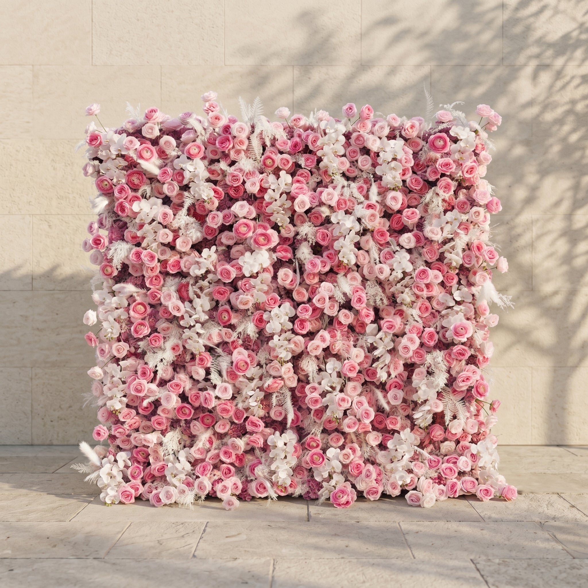 Nylenna:Luxury 5D Ombre Hot Pink &amp; Blush Silk Floral Wall Roll-Up Backdrop for Vibrant Romantic Weddings
