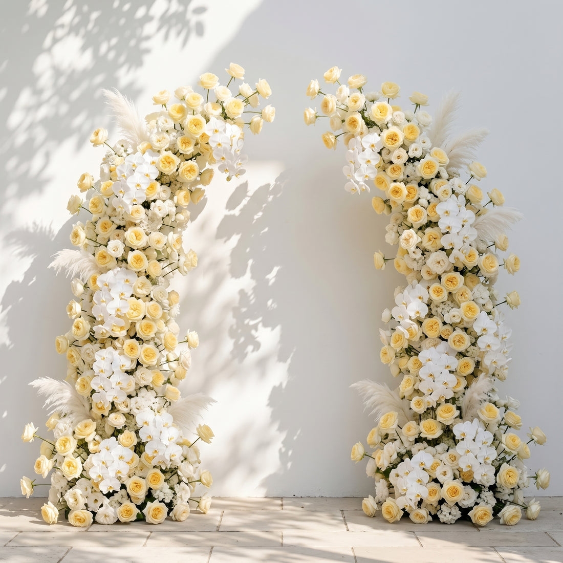 Orelrose: Luxury Soft Yellow Cream, Pure White &amp; Ivory Silk Floral Ground Horn Arch Arrangement with Soft Pampas Grass &amp; Lush Cascading Greenery for Romantic Minimalist Weddings &amp; Garden Event Decor Including Frame