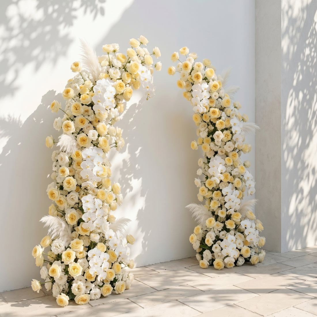 Orelrose: Luxury Soft Yellow Cream, Pure White &amp; Ivory Silk Floral Ground Horn Arch Arrangement with Soft Pampas Grass &amp; Lush Cascading Greenery for Romantic Minimalist Weddings &amp; Garden Event Decor Including Frame