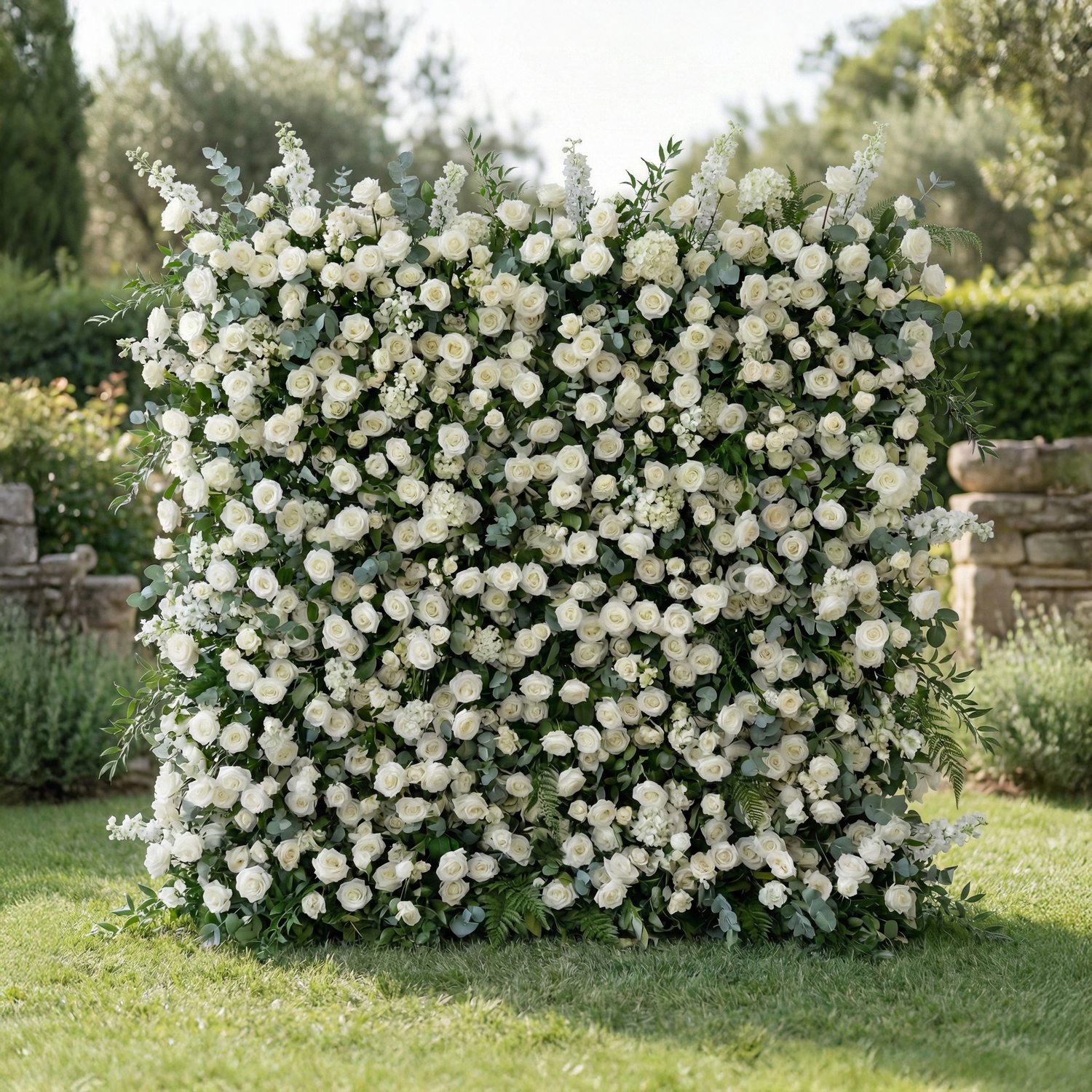 Orin: 5D Elegant White Silk Rose &amp; Greenery Wall Roll-Up Fabric Backdrop for Grand Garden Weddings &amp; Receptions