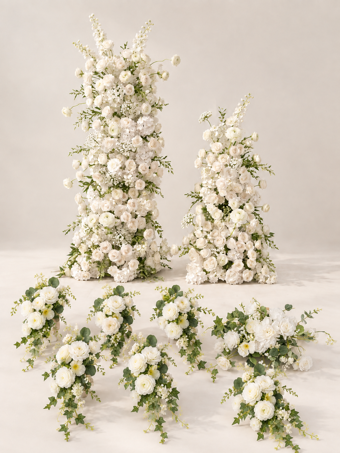 Timeless Pearl White Wedding Welcome Flower Package: Karelie KT Backdrop, Galia Welcome Sign Flower, Chair Flowers (6pcs)