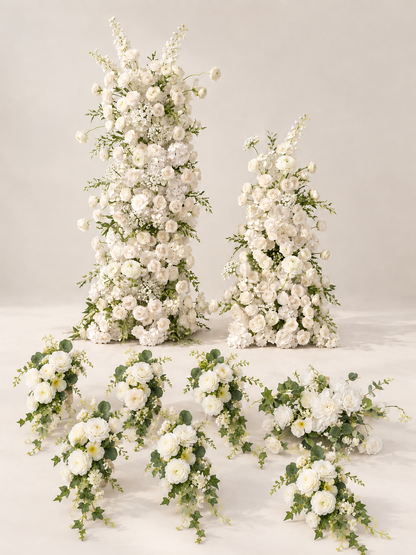 Timeless Pearl White Wedding Welcome Flower Package: Karelie KT Backdrop, Galia Welcome Sign Flower, Chair Flowers (6pcs)