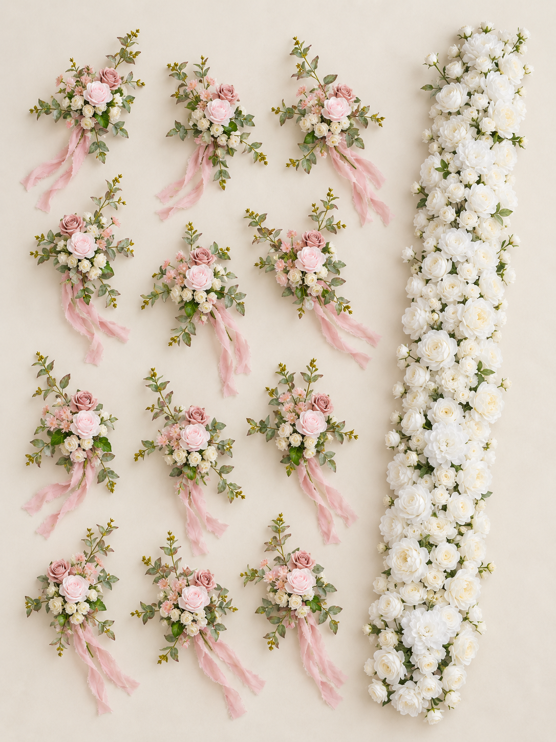 Romantic White &amp; Pink Wedding Reception Flower Package: Puro Floral Table Runner, Gianna Chair Flowers (12pcs)