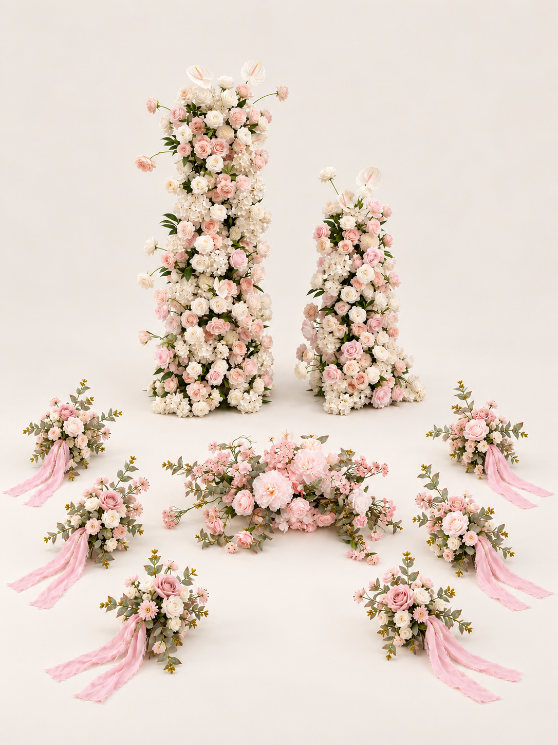 Dreamy Pink &amp; White Wedding Welcome Flower Package: Fenna KT Backdrop*1, Gianna Welcome Sign Flower*1, Chair Flowers*6