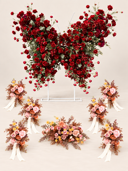 Enchanting Burgundy &amp; Dusty Blush Wedding Welcome Flower Package: Orlisse Butterfly Flower Wall, Vera Welcome Sign Flower and Chair Flowers (6pcs)