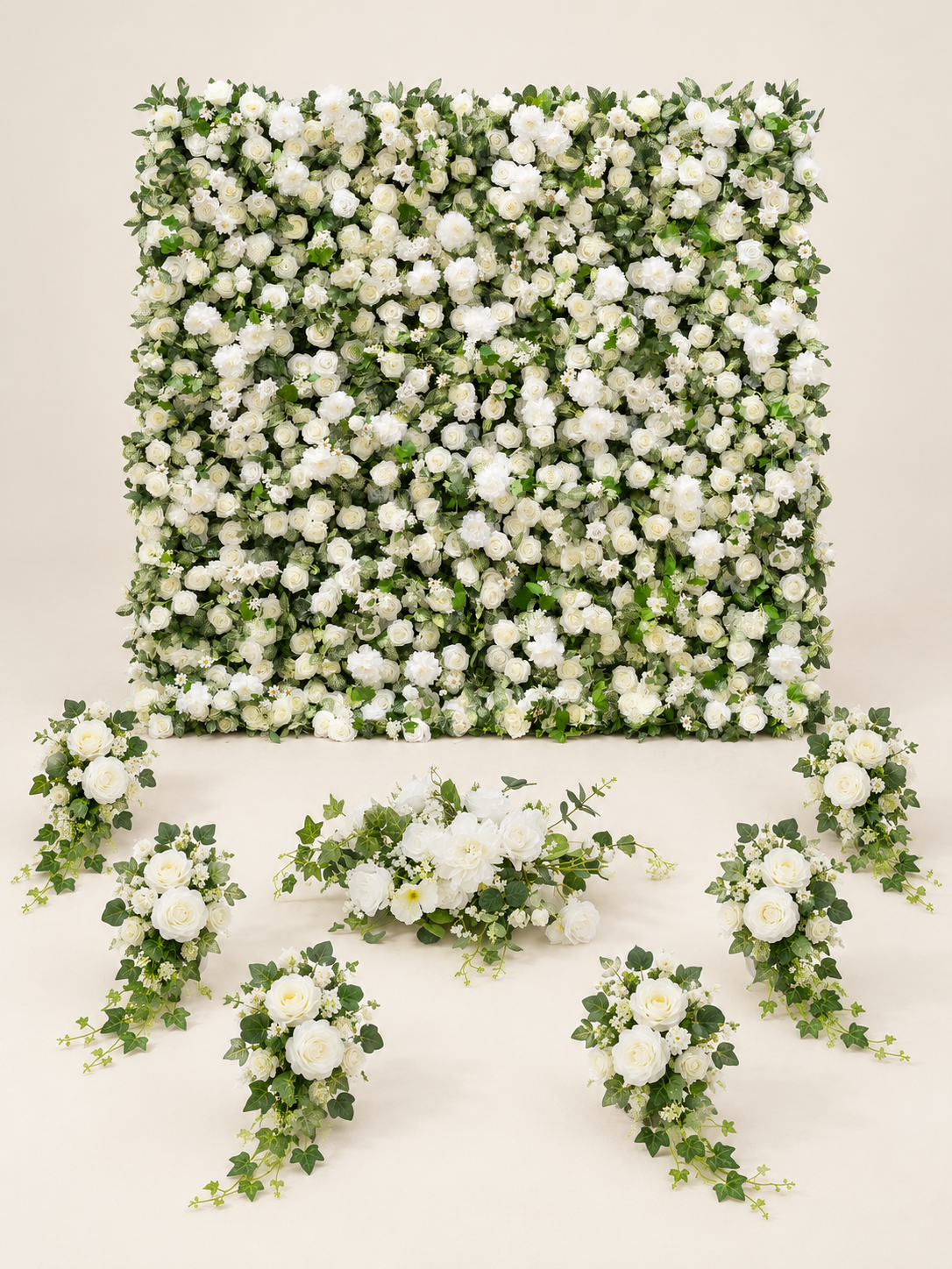 Pearl &amp; Greenery Wedding Welcome Reception Flower Package: Zirel Flower Wall, Galia Welcome Sign Flower and Chair Flowers (6pcs)