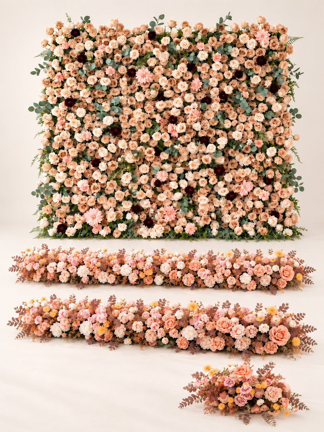 Luxurious Champagne &amp; Burgundy Wedding Reception Flower Package: Mireya Flower Wall, Vera Welcome Sign Flower, Long Table Centerpieces (2pcs)