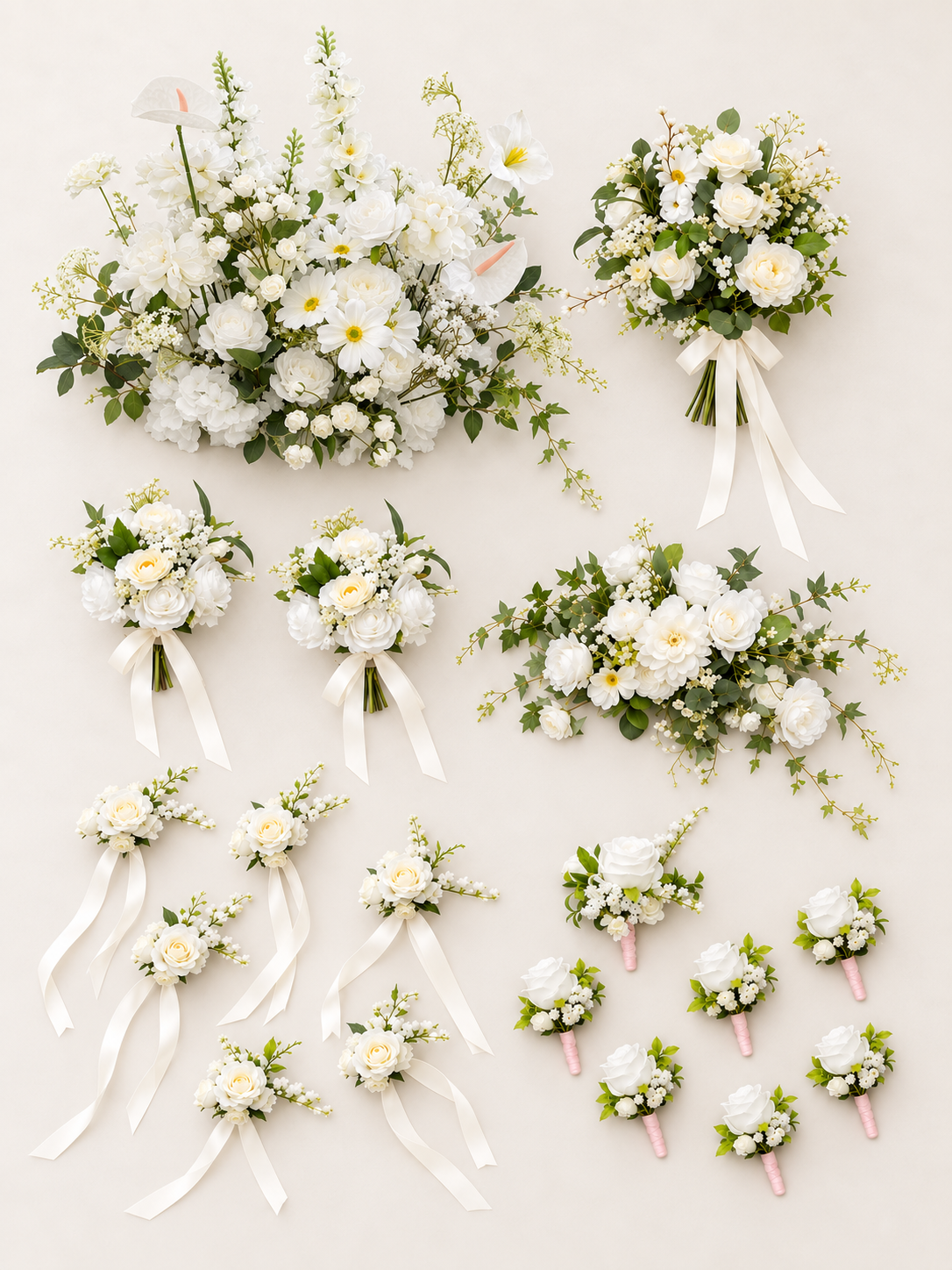 Timeless Pearl White Wedding Party Package: Galia Bouquets (3pcs), Corsages (6pcs), Boutonnieres (7pcs), Welcome Sign Flower, Seravelle Aisle Flower