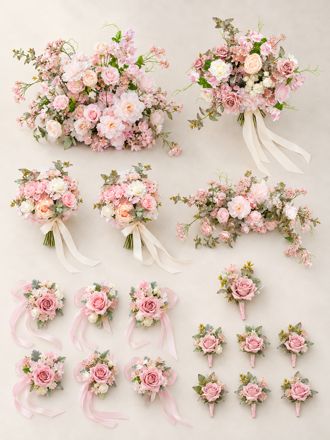 Romantic Blush Pink Gianna Wedding Party Flower Package: Gianna Bridal Bouquet, Bridesmaid Bouquets (2pcs), Wrist Corsages (6pcs), Groom Boutonniere, Groomsmen Boutonnieres (6pcs), Welcome Sign Flower, Avelisse Aisle Flower