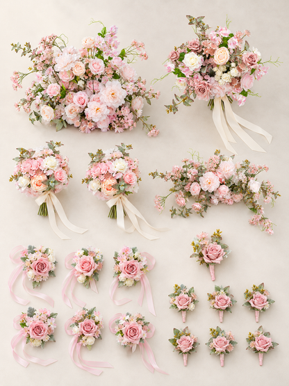 Romantic Blush Pink Gianna Wedding Party Flower Package: Gianna Bridal Bouquet, Bridesmaid Bouquets (2pcs), Wrist Corsages (6pcs), Groom Boutonniere, Groomsmen Boutonnieres (6pcs), Welcome Sign Flower, Avelisse Aisle Flower