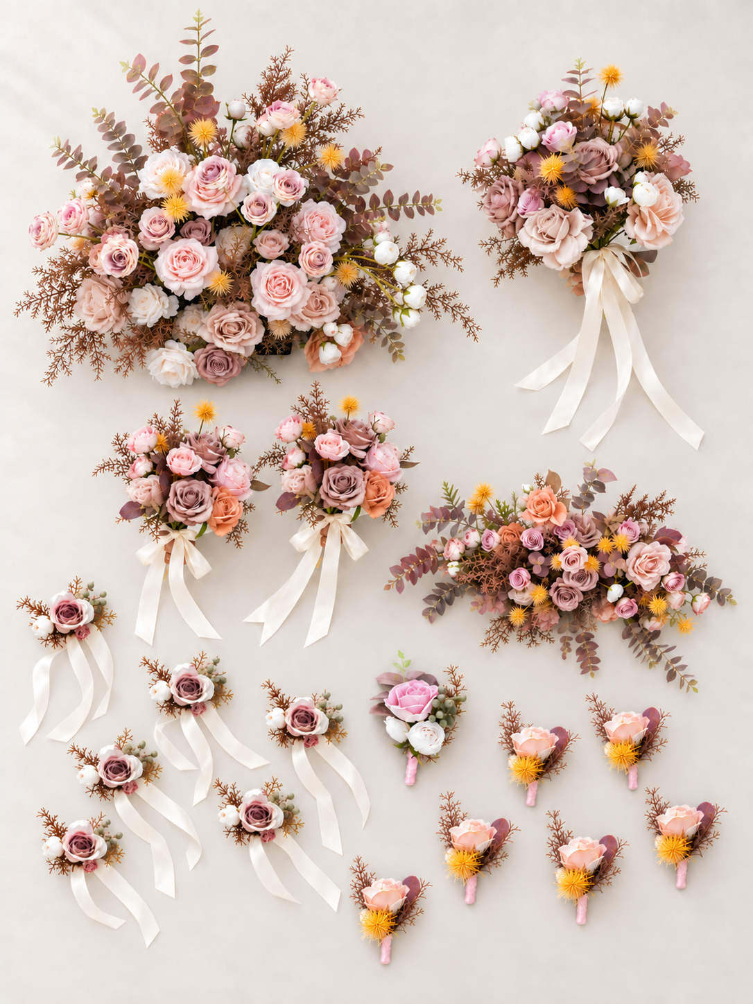 Vintage Dusty Blush Vera Wedding Party Package: Vera Bouquets (3pcs), Corsages (6pcs), Boutonnieres (7pcs), Welcome Sign Flower, Meliora Aisle Flower