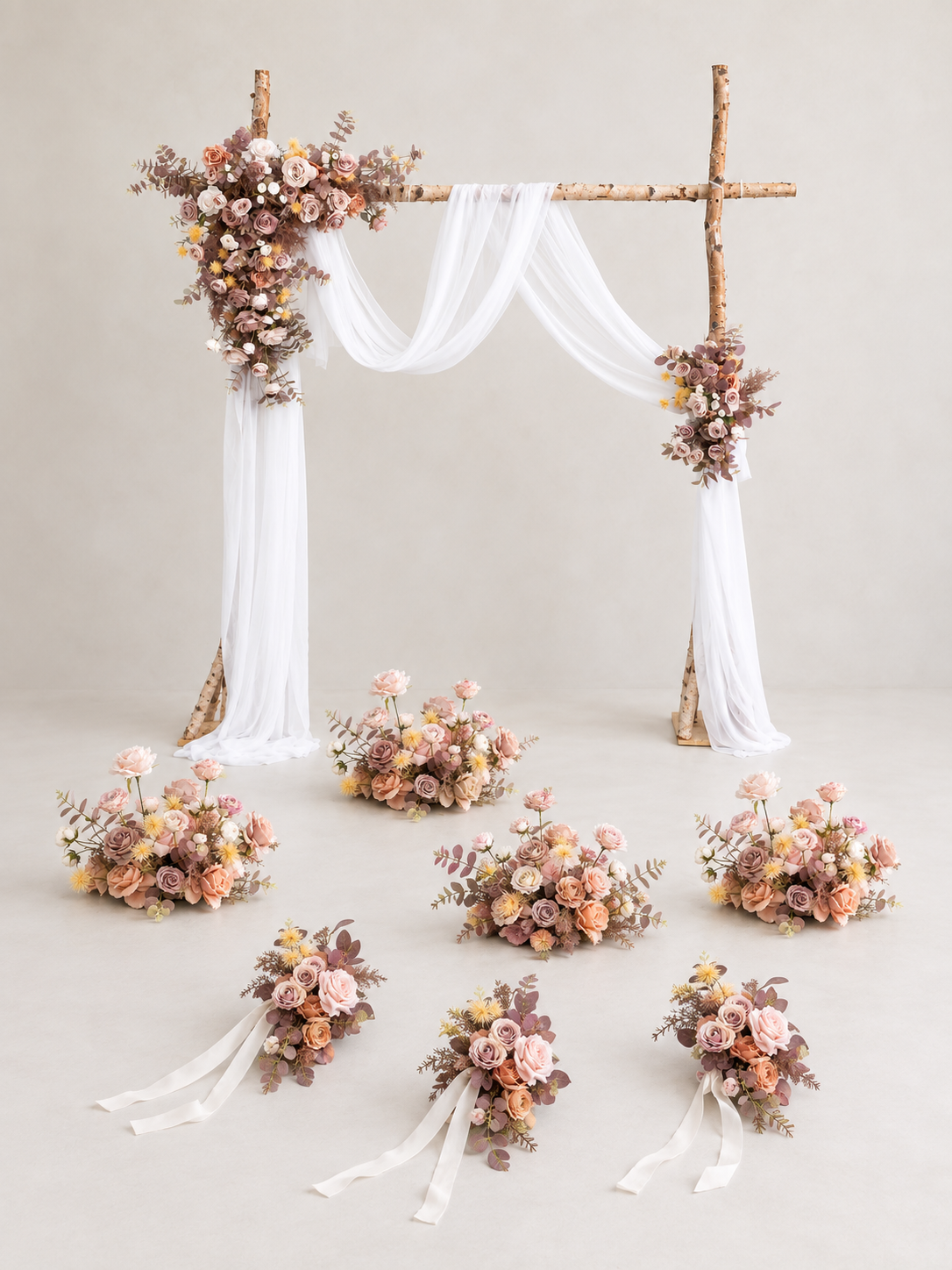 Vera Wedding Ceremony Package：Vera Floral Arch with Draping（1 Pcs)+ Vera Chair Flower(3Pcs)+Vera Small Floral Centerpiece(4 Pcs)