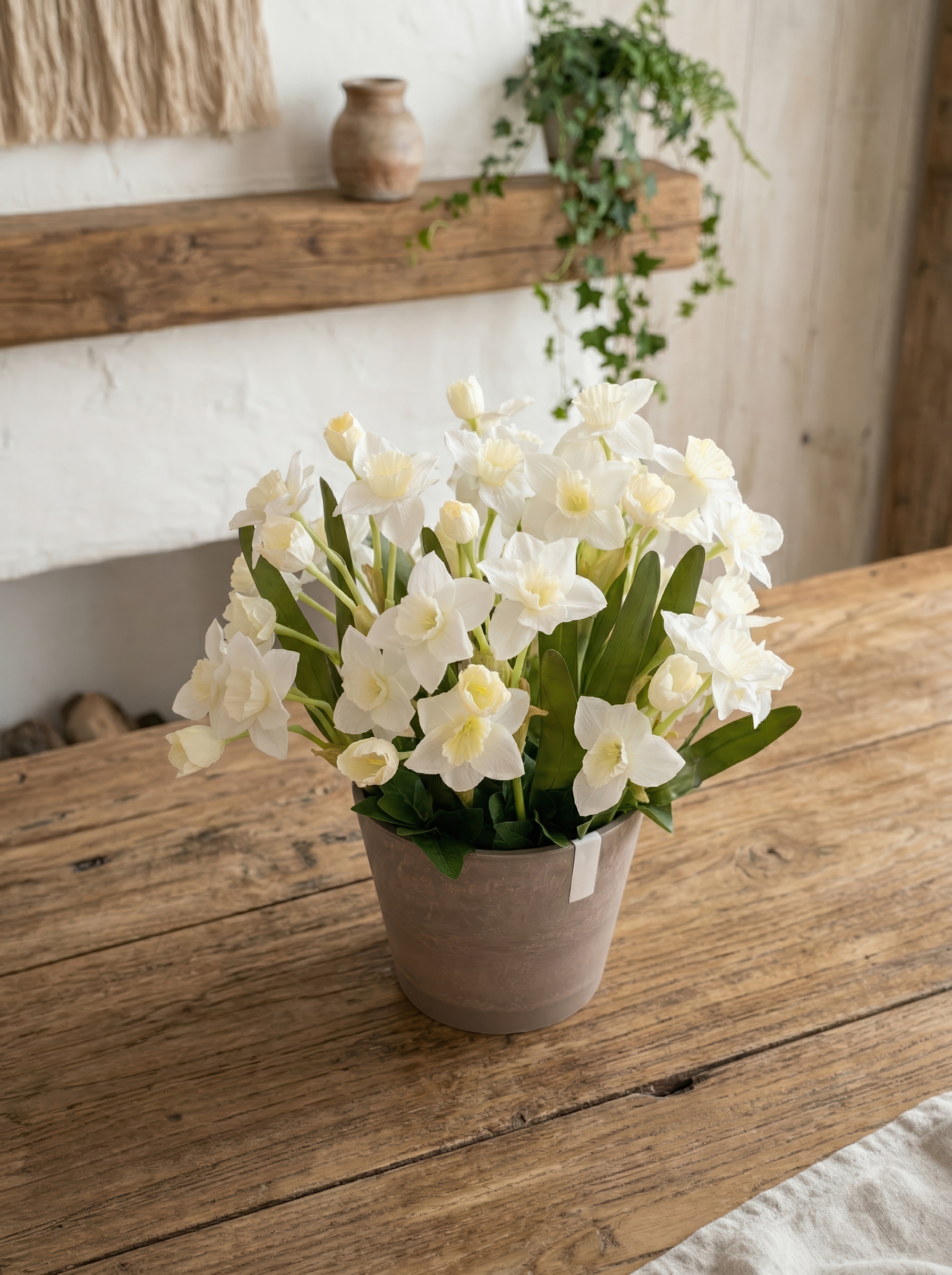 21.6" Artificial Spring Daffodils - Potted White Floral for Home &amp; Garden Decor