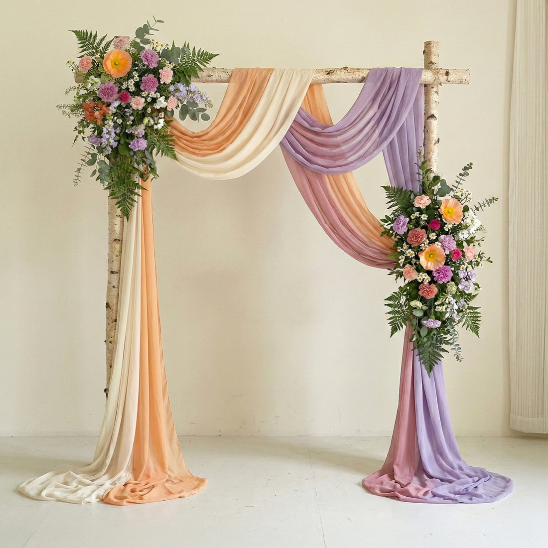 Pastel Wedding Arch Flowers Swag with Sheer Drapes Set for Garden Ceremony and Bridal Shower Decor