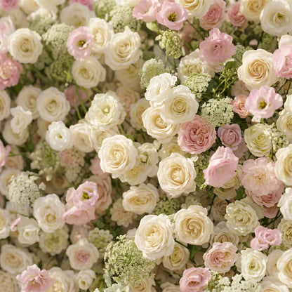 Pearlnora: Luxury 5D Pearl White &amp; Blush Pink Silk Floral Wall Roll-Up Backdrop for Elegant Minimalist Weddings