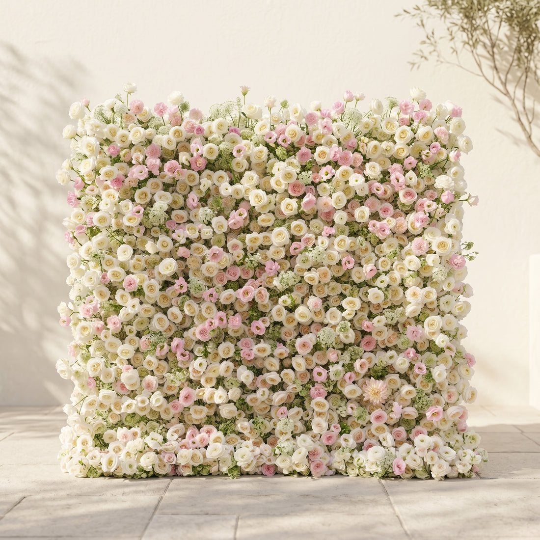 Pearlnora: Luxury 5D Pearl White &amp; Blush Pink Silk Floral Wall Roll-Up Backdrop for Elegant Minimalist Weddings