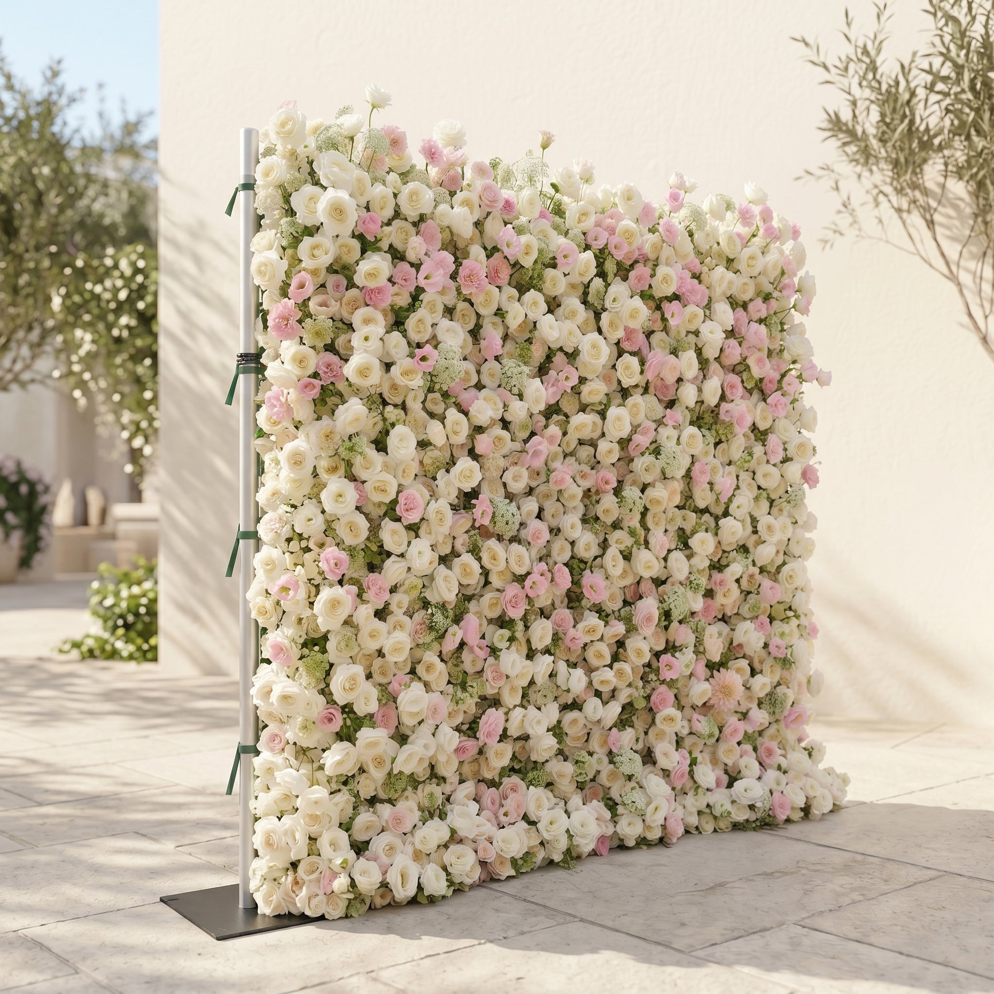Pearlnora: Luxury 5D Pearl White &amp; Blush Pink Silk Floral Wall Roll-Up Backdrop for Elegant Minimalist Weddings
