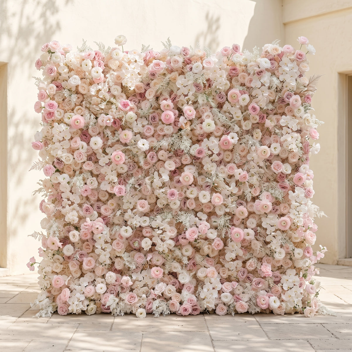 Valsora:5D Gradient Warm Blush Pink & Ivory White Silk Rose Flower Wall Roll-Up Fabric Backdrop for Romantic Weddings & Proposals