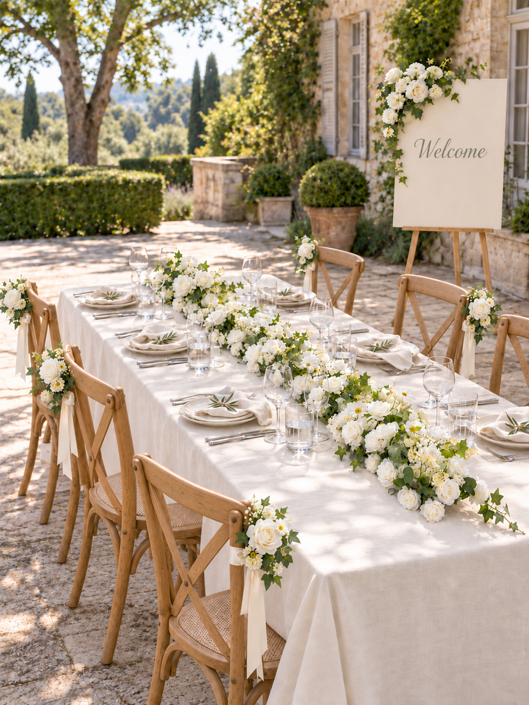 Galia welcome package with table runner, side-tied chair flowers and welcome sign in a French garden