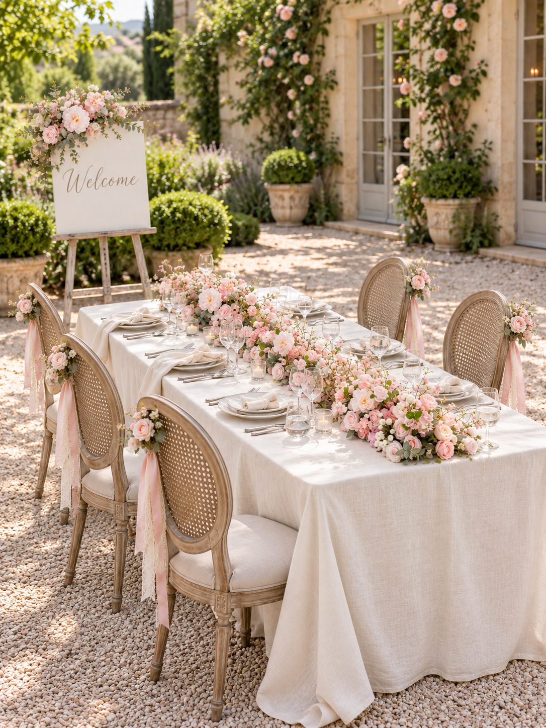 Gianna welcome package with table runner, side-tied chair flowers and welcome sign in a garden courtyard