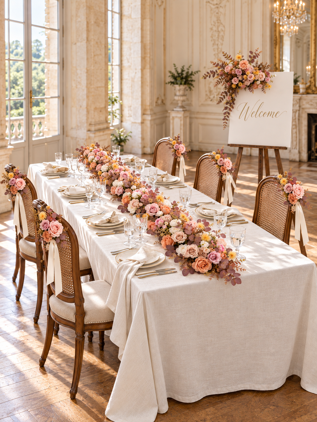 Vera welcome package with table runner, side-tied chair flowers and welcome sign in a bright French chateau