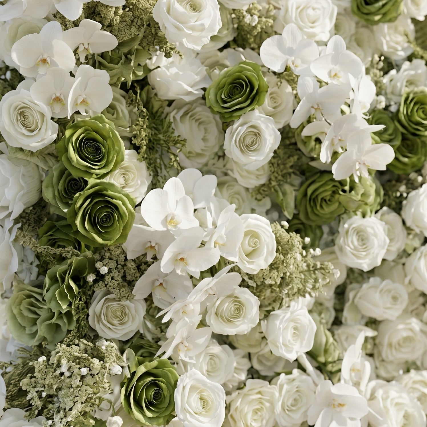 Ravalia: Luxury 5D White &amp; Sage Green Silk Floral Wall Roll-Up Backdrop for Elegant Minimalist Weddings