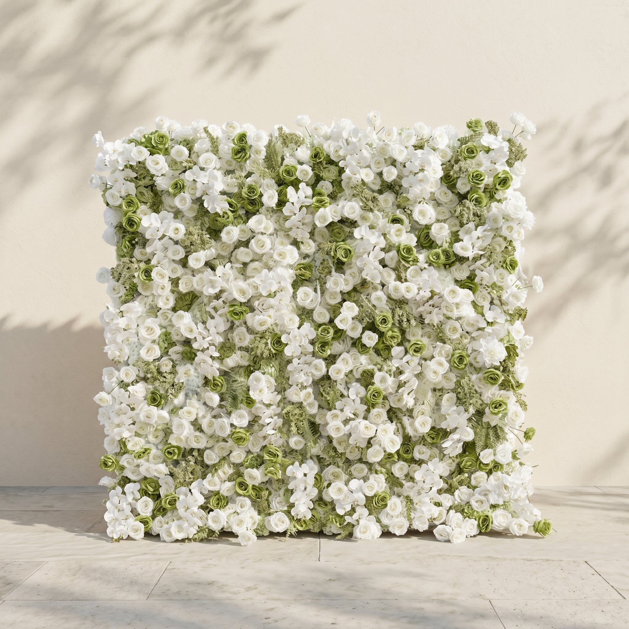 Ravalia: Luxury 5D White &amp; Sage Green Silk Floral Wall Roll-Up Backdrop for Elegant Minimalist Weddings