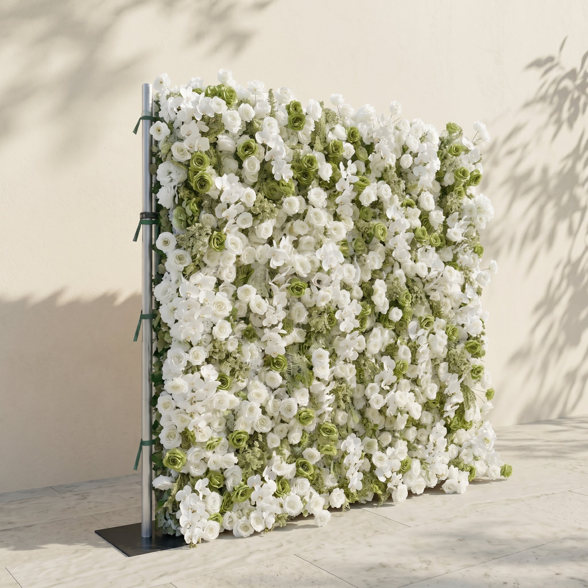 Ravalia: Luxury 5D White &amp; Sage Green Silk Floral Wall Roll-Up Backdrop for Elegant Minimalist Weddings