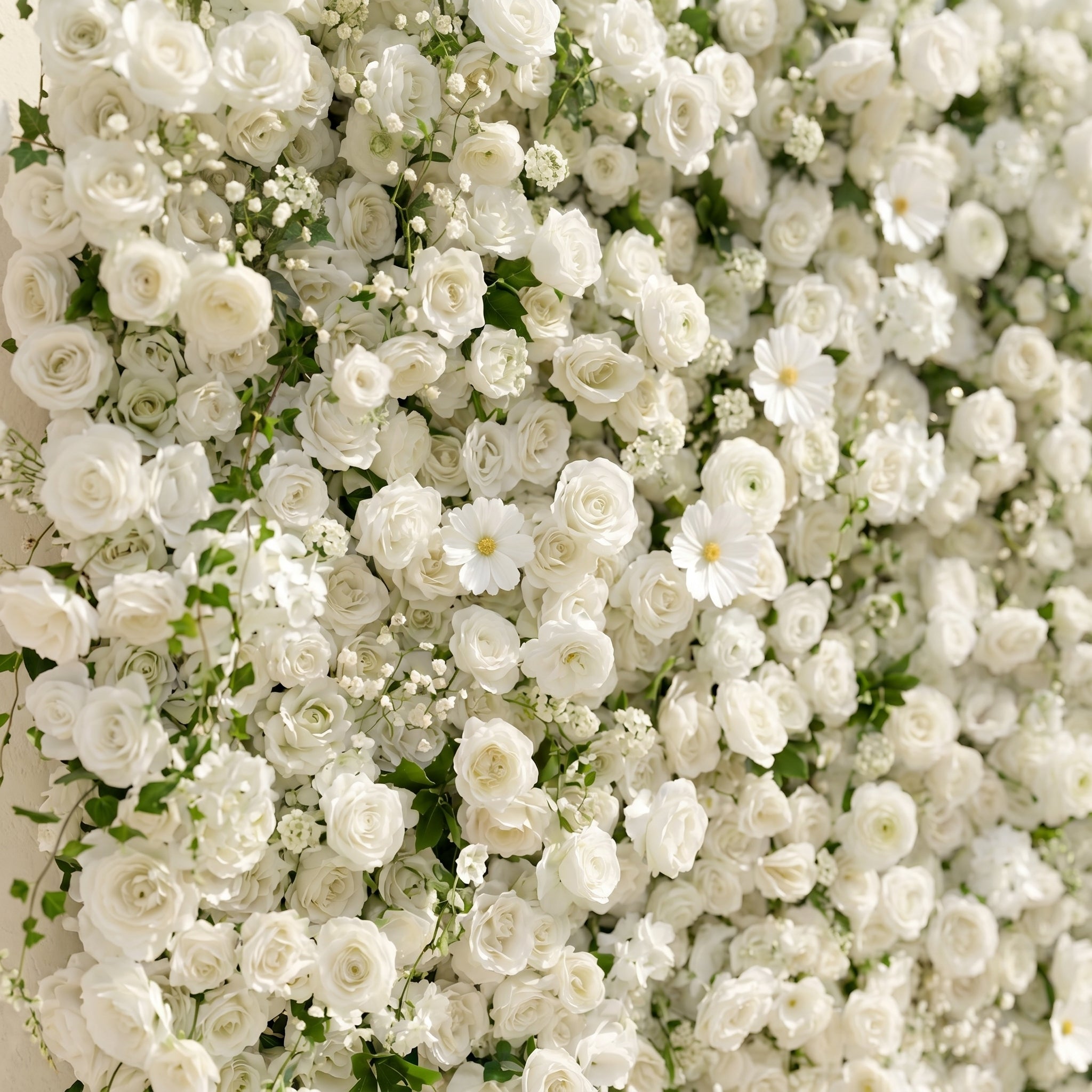 Rosiva:Luxury 5D All-White Floral Wall with Greenery Roll-Up Backdrop for Rustic Garden Weddings